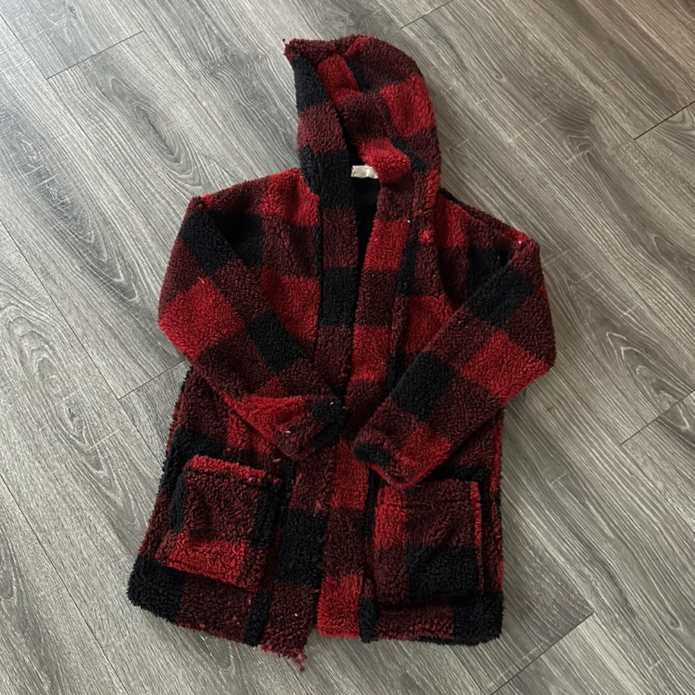 Red and black Sherpa plaid cardigan